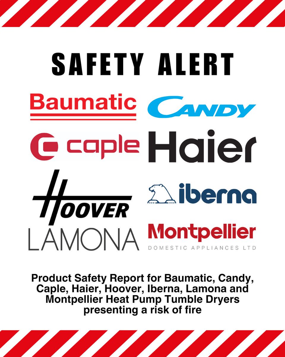 ⚠️🔥 85,000 tumble dryers still at risk of fire. 
Affected brands include: Candy, Baumatic, Caple, Haier, Hoover, Lamona, Iberna, Montpellier. 

‼️Check yours now.

gov.uk/government/new…