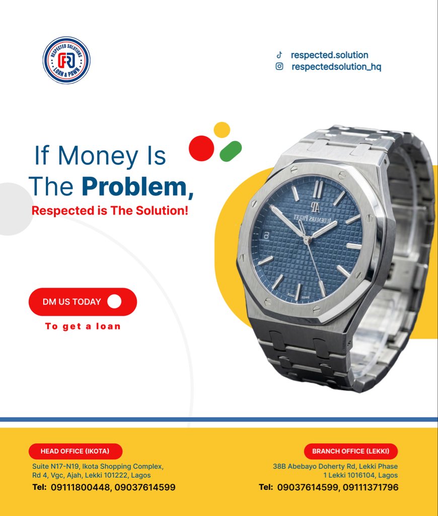 Respected_hq's tweet photo. Need quick cash without long stories? Say less.
Bring your valuables, and get funded instantly.
Fast! Secure! Reliable!
With Respected Solutions, your money issues end here. π°π
β’
β’
#RespectedSolutions #QuickLoanLagos #PawnAndLoan #LagosHustle #NaijaFinance #SecureLoans https://t.co/Jk3kM7FasE
