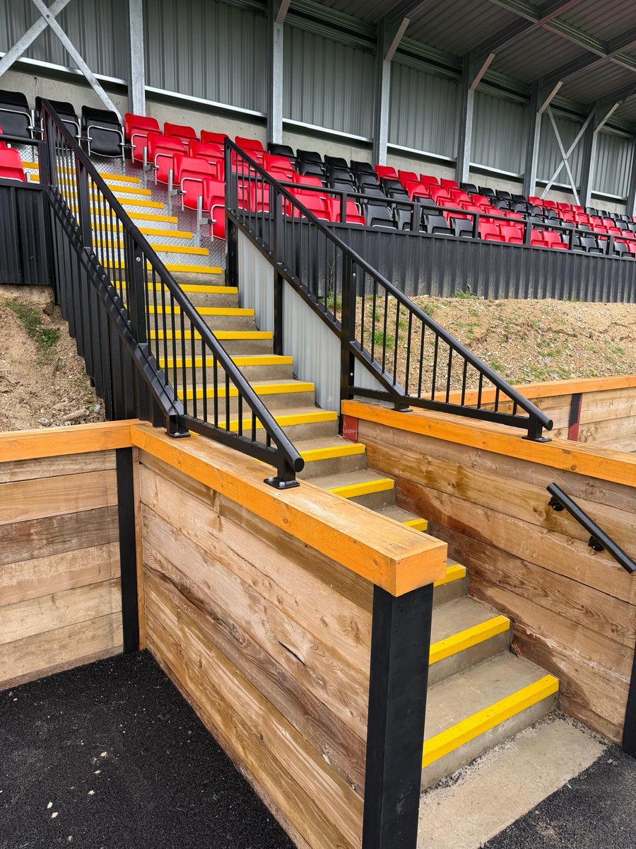 StadiaConstruct's tweet image. Newly installed hand rails and non slip nosing at Hill Park @saltdeantigers ⚽️⁠The type 4 barrier hand rails  accompany the type 7 barriers we previously installed along the front of the stand. The structure adheres fully to the green guide standards.
