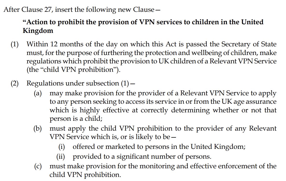 Make no mistake, this law is not about "protecting kids." It's about forcing KYC/identity verification on VPN services, and then using that to eventually ban VPN services for all UK citizens.

We must not allow this to become normal.