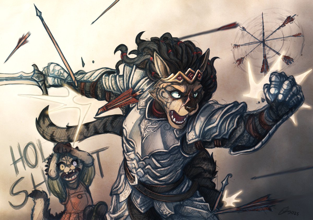 DanoGambler's tweet image. Daily Doodle 140 "Hero"

A volley of arrows is nothing to a badass khajiit warrior, especially when the bastards dare to aim them towards a little one! Now they've done it...

For @Khajiitborn