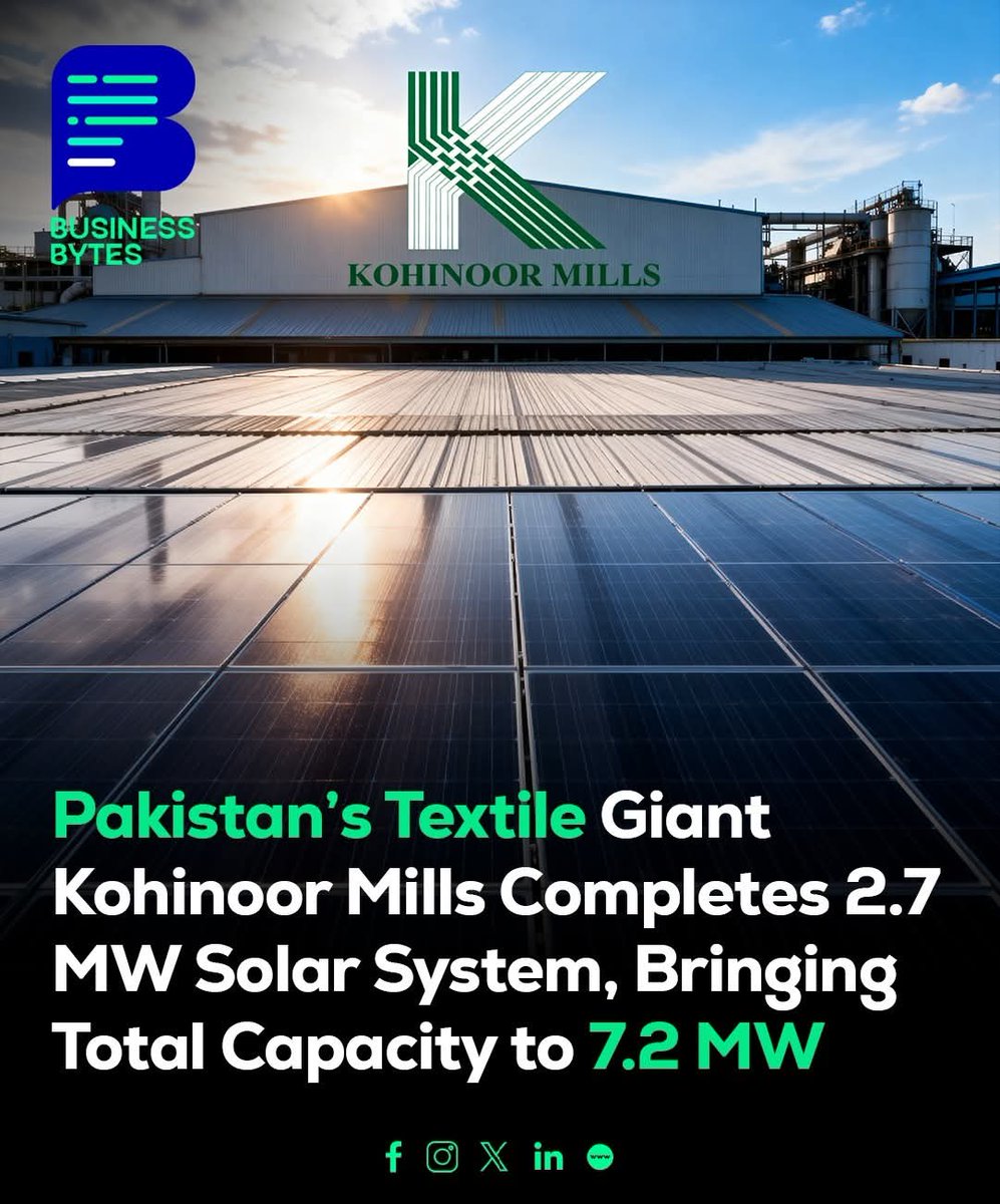 Kohinoor Mills boosts renewable energy capacity to 7.2 MW with 2.7 MW solar system! Over 20% of electricity needs now met through clean energy. Plans for more expansion to reduce costs &amp; carbon footprint! 
#Pakistan #DesafioDelSigloXXI #Trump