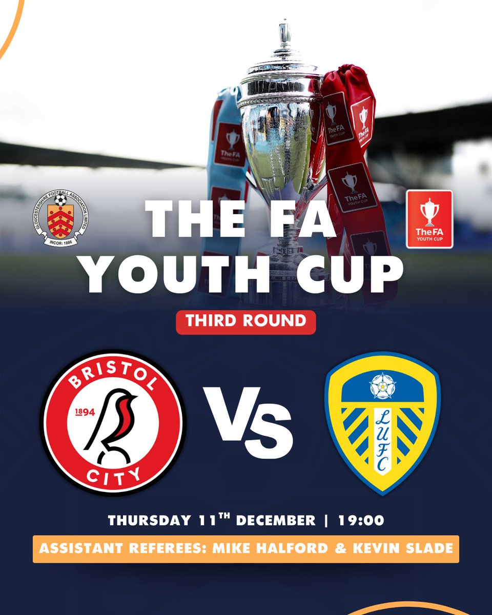 Good luck to Bristol City in the FA Youth Cup tonight as they take on Leeds United in the Third Round 🏆

And congratulations to our officials on their appointments 👏

#GlosFA #FAYouthCup