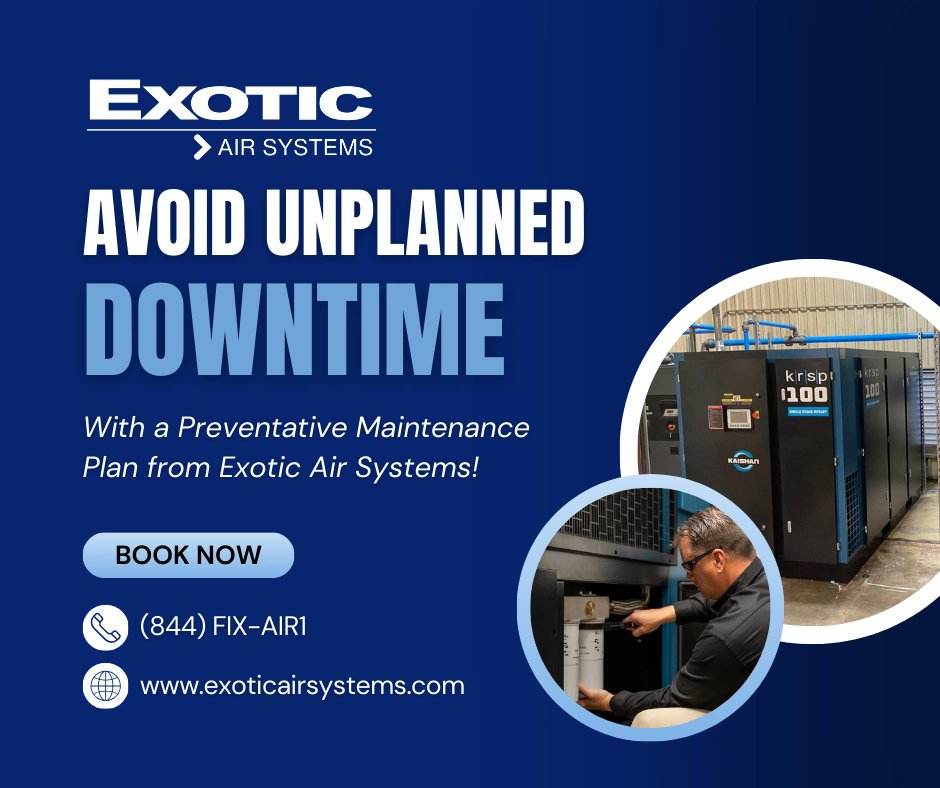 Avoid unnecessary downtime with a Preventative Maintenance Plan from Exotic Air Systems. Regular maintenance ensures your air system operates at peak performance, providing enhanced safety, prolonged equipment lifespan, increased efficiency &amp; reduced risk of failure.