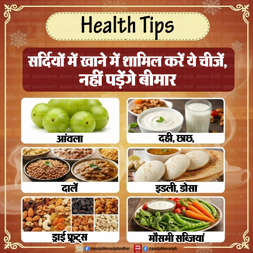 KesariPunjab's tweet image. Health Tips सर्दियों में खाने में शामिल करें ये चीजें, नहीं पड़ेंगे बीमार 🍎

#WinterHealth #HealthTips #ImmunityBoost #WinterFood #HealthyEating #Wellness #TrendingNow #Amla #WinterHealthTips #HealthTips #HindiHealthTips #HealthyLifestyle #PunjabKesari