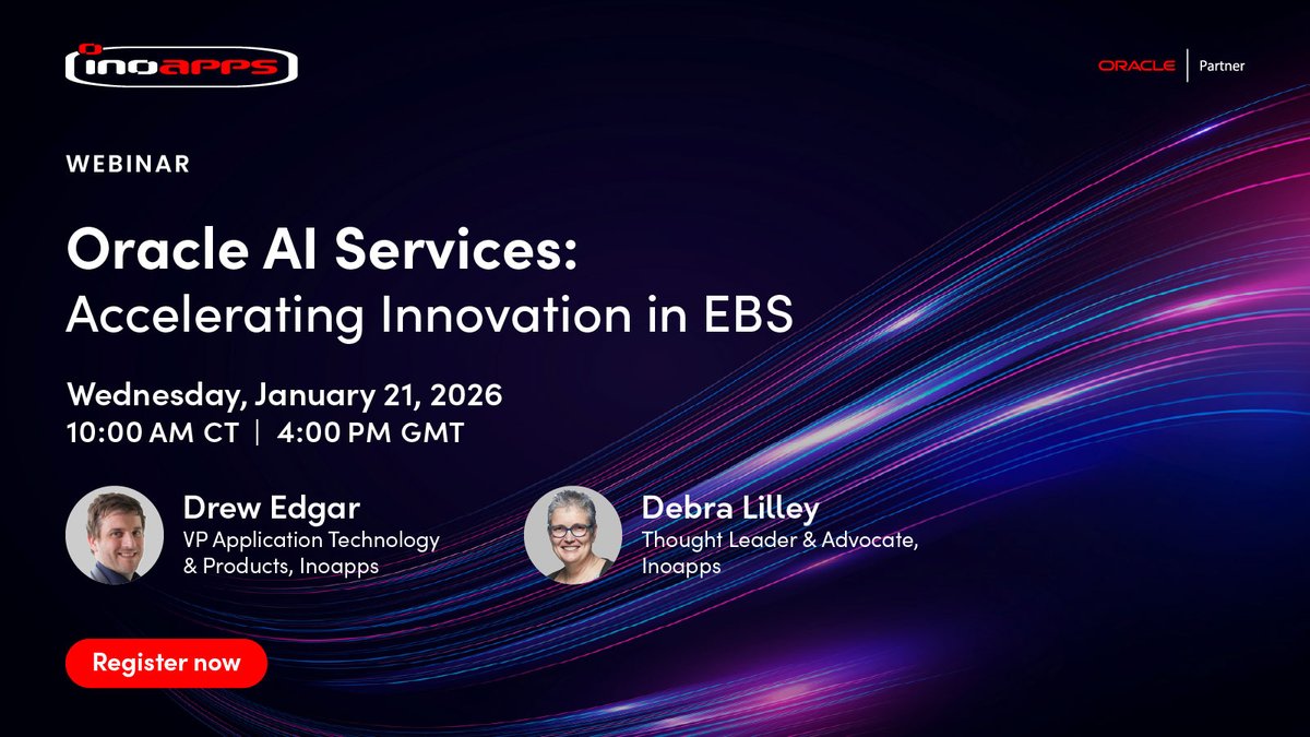 ⭐Ready to unlock AI for Oracle E-Business Suite?⭐

Join our webinar to discover how Oracle AI Services can help you innovate, automate, and drive smarter decisions in EBS. 

Don’t miss practical insights and real-world use cases!

👉 Register here: go.inoapps.com/oracle-ai-serv…