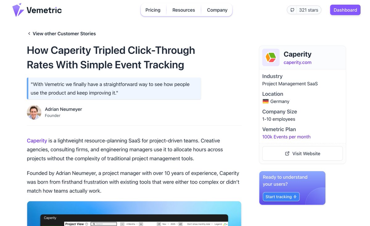 O primeiro depoimento de cliente da Vemetric já está disponível! 🥳
Estou muito orgulhoso dos clientes que se juntaram