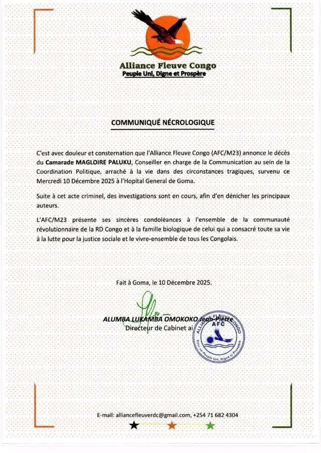 #RDC #Goma -sécurité. M. Malgloire Paluku, membre influent de l'AFC-M23, auteur et journaliste expérimenté a été abbatu à Goma par des malfaiteurs non encore identifiés.