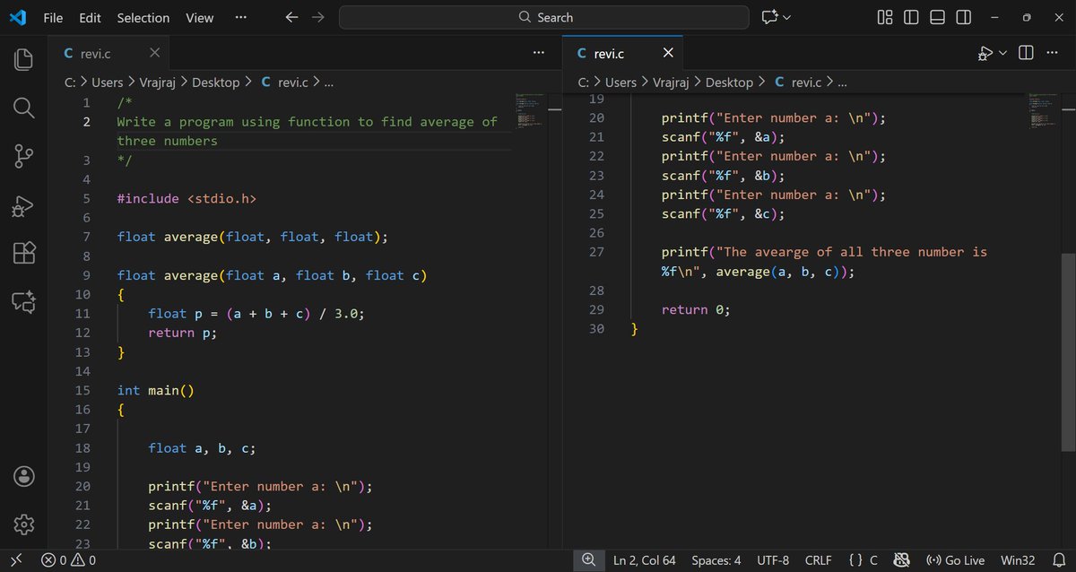 Vrajraj_Rajput's tweet image. ✨ Day 5 of Learning C ✨
Functions, recursion &amp;amp; pointers finally clicked today.
Learned: prototypes, params vs args, call-by-value, base cases, stack flow, pointer basics &amp;amp; why %p matters.
Practiced: avg of 3 nums, C→F, F=m·g, Fibonacci, recursive sum, patterns.
#CProgramming