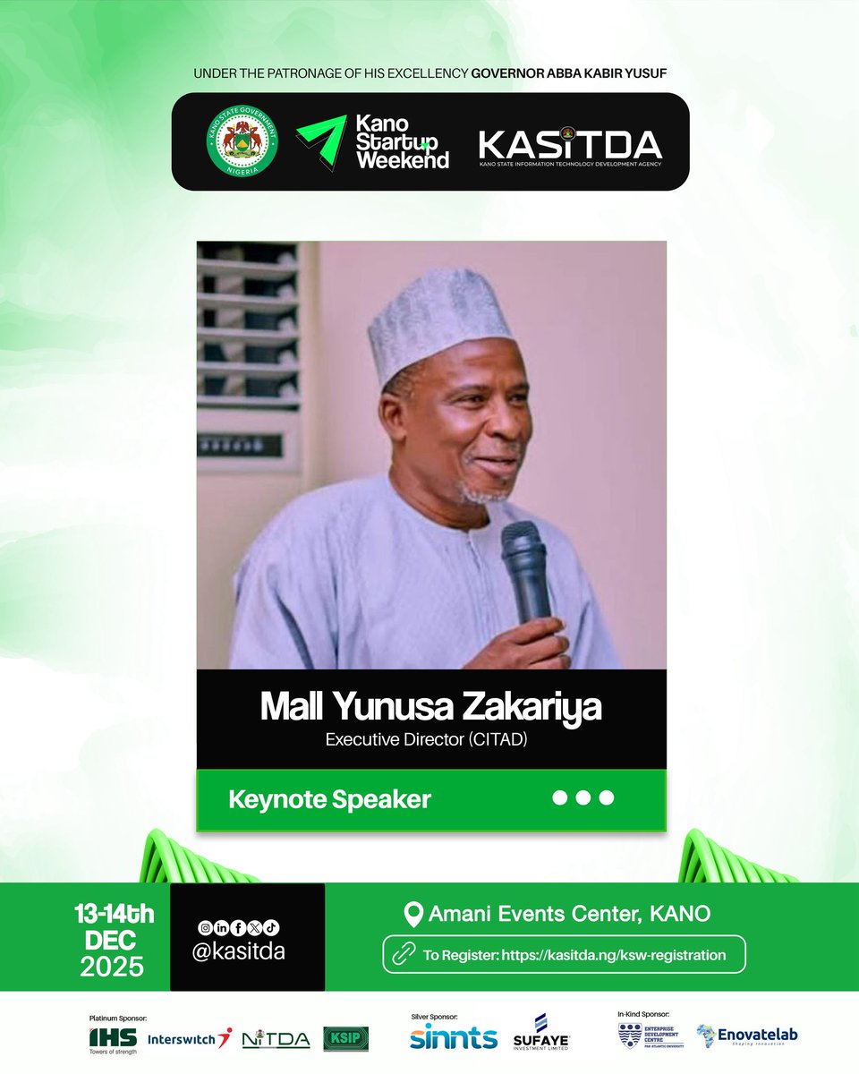 kasitda's tweet photo. Introducing Engineer Yunusa Zakari Ya’u , keynote speaker for Kano Startup Weekend 2025; a national voice at the intersection of technology, civil society, and democratic development.
#ksw2025 #kasitda
#ennovatelab #digitalkano https://t.co/NhxtSkEayJ
