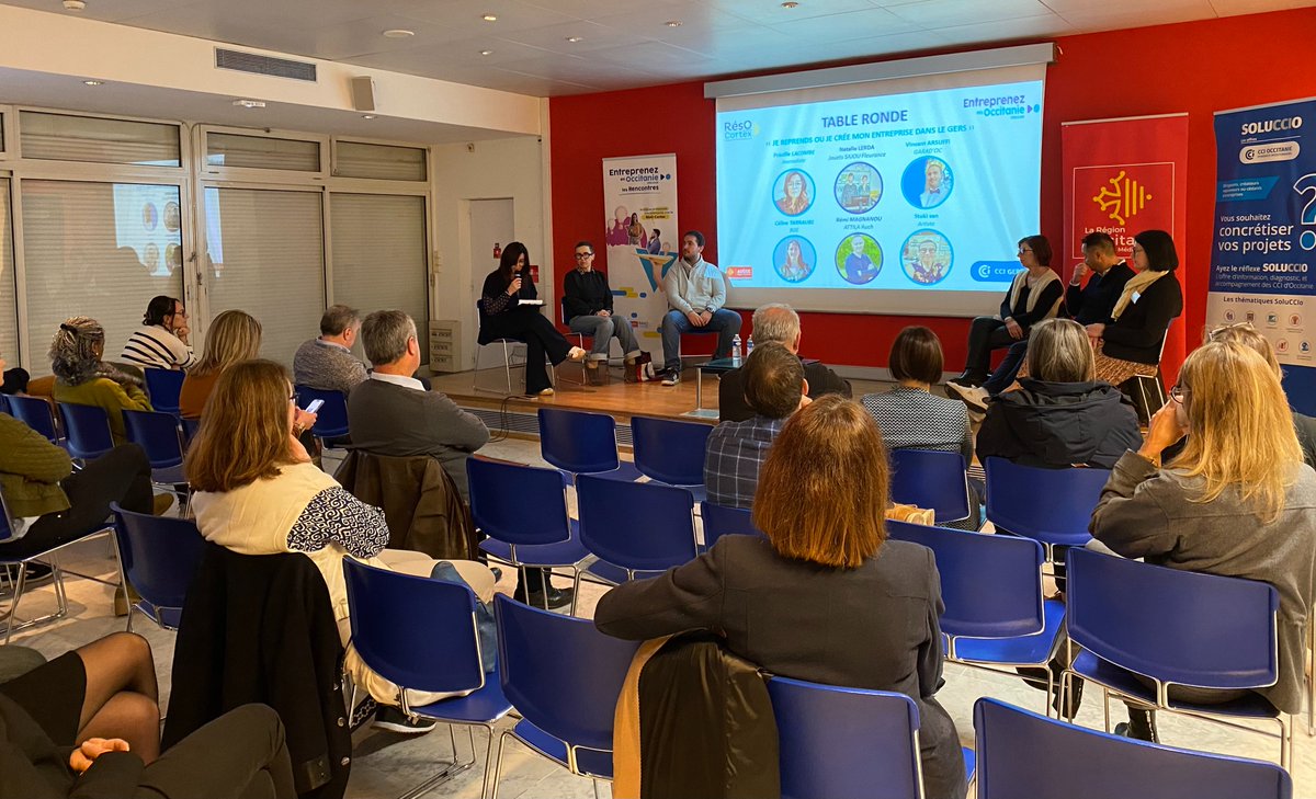 ADOCC_'s tweet photo. [Entreprenez en @Occitanie]
C'est parti pour les Rencontres dans le Gers 🚀

🎤 Table ronde avec les témoignages de chefs d’entreprise qui nous partagent leur parcours de création et de développement

🤝 A l'issue de la table ronde, n'hésitez pas à rencontrer les experts du RésO Cortex by @ADOCC_ pour toutes vos questions, et connaissance du réseau des partenaires