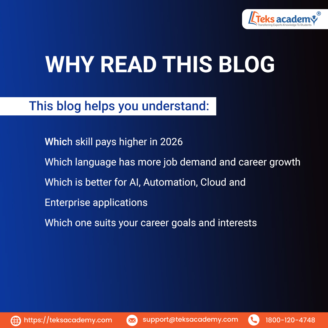 TeksAcademy's tweet image. 🔥 Python vs Java 2026 — Which one boosts your career?
👉 Read the full blog — teksacademy.com/blogs/python-v…
.
.
.
#PythonVsJava #programminglanguages #python #java #TechCareers #ittraining #teksacademy #softwarejobs #besttraininginstitute #HyderabadTraining #JavatraininginHyderabad