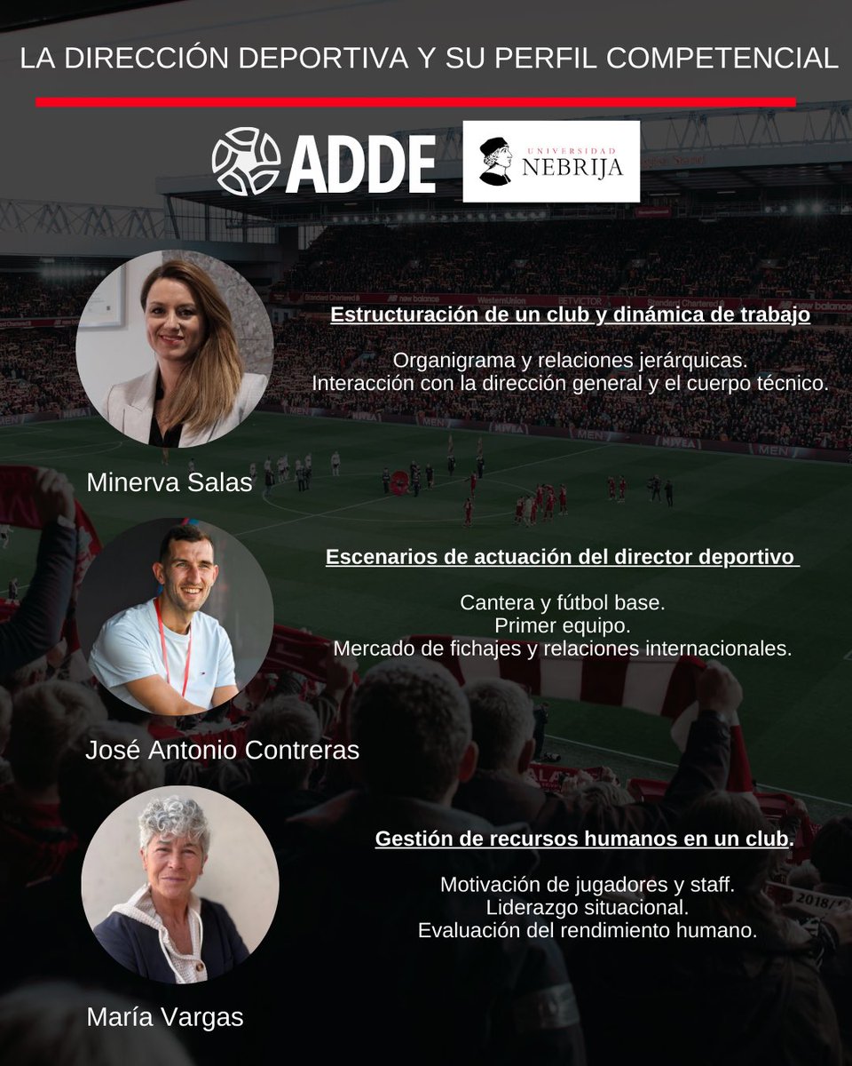 𝐌𝐨́𝐝𝐮𝐥𝐨: 𝐋𝐚 𝐃𝐢𝐫𝐞𝐜𝐜𝐢𝐨́𝐧 𝐃𝐞𝐩𝐨𝐫𝐭𝐢𝐯𝐚 𝐲 𝐬𝐮 𝐏𝐞𝐫𝐟𝐢𝐥 𝐂𝐨𝐦𝐩𝐞𝐭𝐞𝐧𝐜𝐢𝐚𝐥

Programa Executive en Dirección Deportiva de Fútbol <a href="/AddeFutbol/">ADDE</a> y <a href="/Nebrija/">Universidad Nebrija</a> 

Experiencia real aplicada a la dirección deportiva

#ADDE #UniversidadDeNebrija