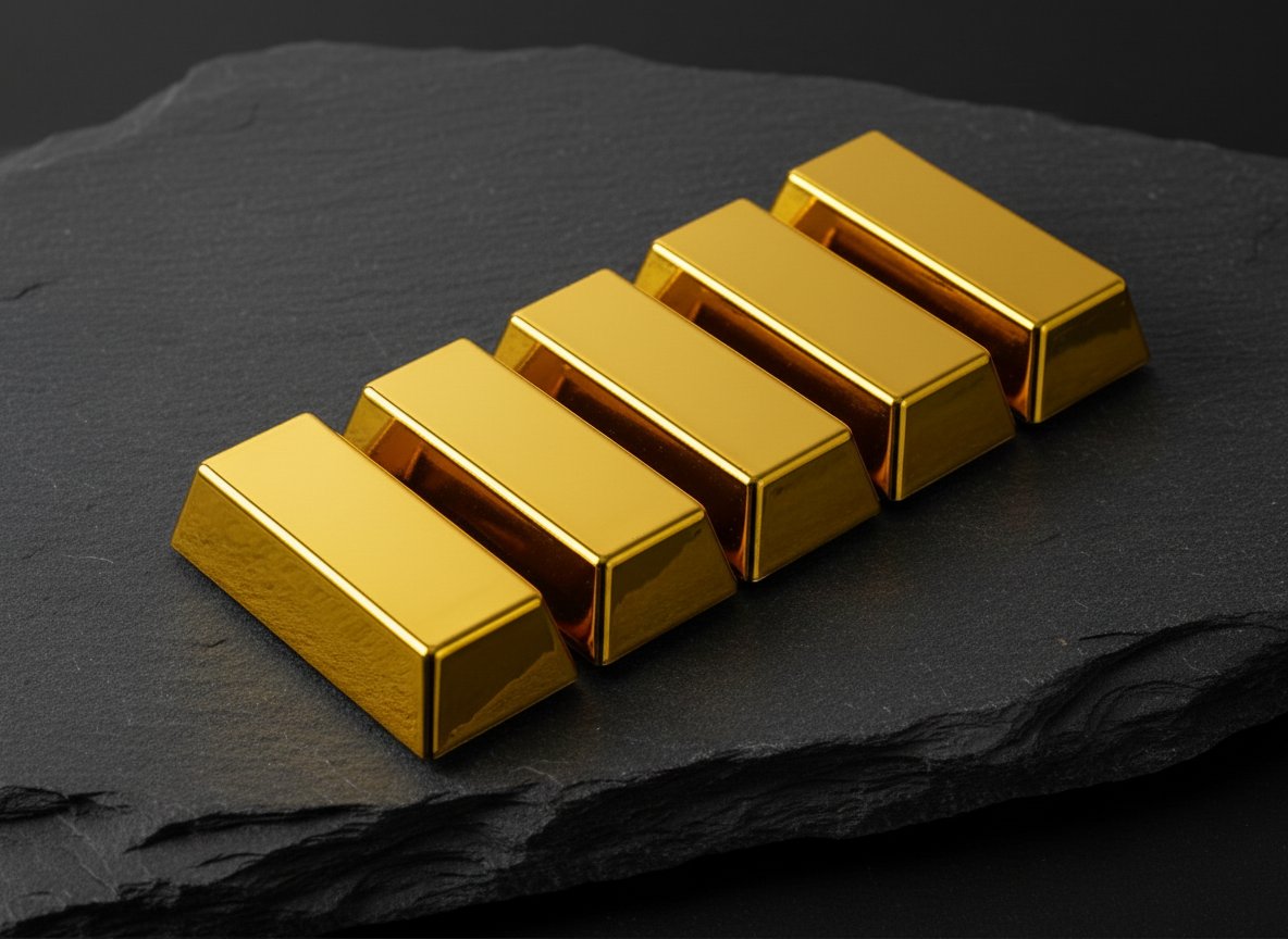 Five polished gold bars arranged on black stone