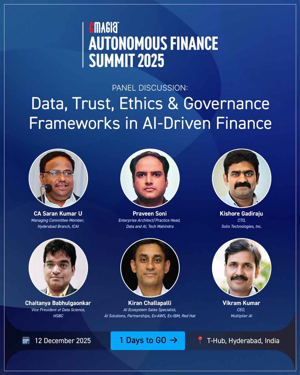 We’re thrilled to bring together a distinguished group of leaders for this critical panel at Autonomous Finance Summit 2025: Speakers: Kishore Gadiraju . CA Saran Kumar U . Praveen Soni . Chaitanya Babhulgaonkar . Kiran Challapalli . Vikram Kumar 👉 emagia.com/autonomous-fin…