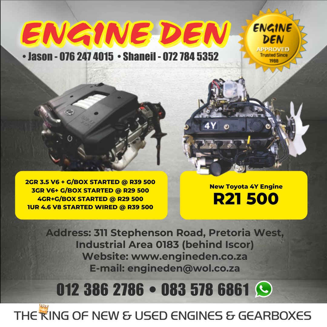 Engine Den has a wide range of NEW and USED ENGINES and GEARBOXES available! They also have complete wired and non-wired LEXUS engines.  Contact Engine Den for all your spare-part requirements! Call 060 019 0800 or visit go-to.co.za/028977 or go-to.co.za/ff37e1