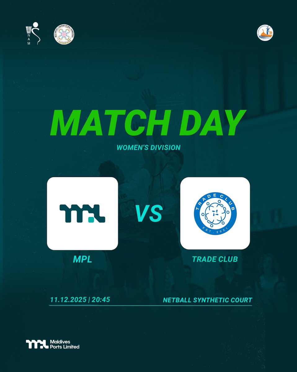 Portclubmv's tweet image. It’s Match Day! Team MPL takes on Trade Club tonight. Let’s bring the spirit, the energy, and the support! 🔥

Date: 11 December 2025
Time: 20:45
Netball Synthetic Court

#MPL #TeamMPL #PortClub