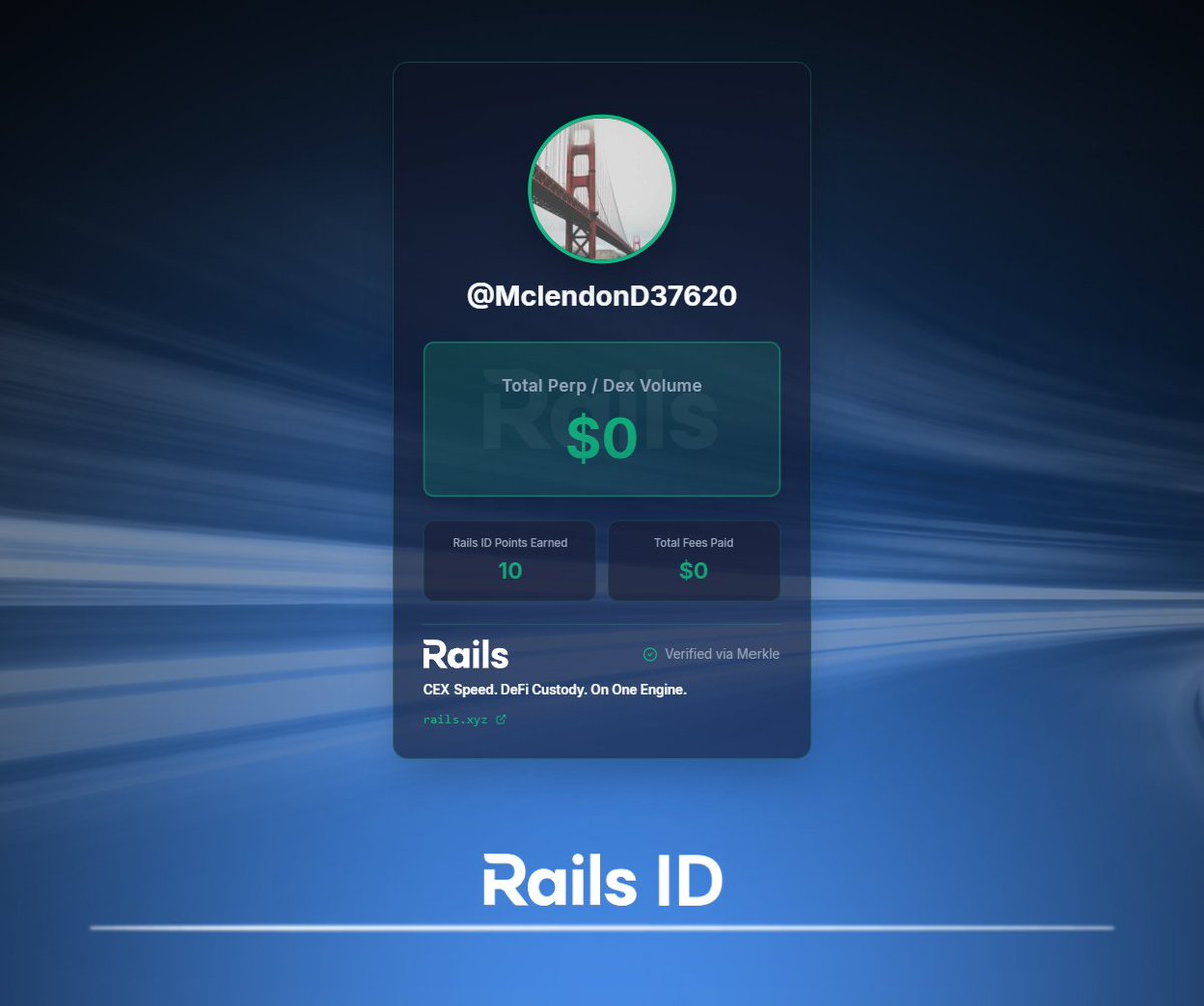 MclendonD37620's tweet photo. I just got my Rails ID. It pulls my DEX volume history into a single card and shows 10 Rails ID Points earned so far.

 Now it’s all about Rails Play: @rails_xyz ’s perps training ground.

Claim your Rails ID now: https://t.co/khbuLd2cno https://t.co/DzPfLXPOJk