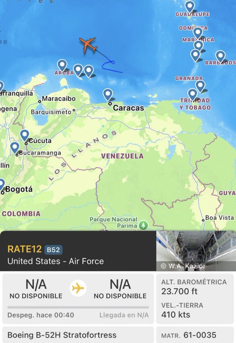 In a rare nighttime mission over the Southern Caribbean, a U.S. Air Force B-52H “Stratofortress” Long-Range Strategic Bomber with the 5th Bomb Wing from Minot Air Force Base, North Dakota, briefly appeared earlier tonight circling off the coast of Venezuela.