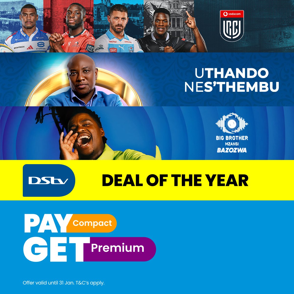 DStv's tweet photo. Upsize is extended till end of Jan, because we love spoiling you, cabanga! Pay for Compact and get the premium package 😉 More entertainment, on us 😎
#UpsizeExtended #DStvCelebrates30 https://t.co/cvFMvV8pV9