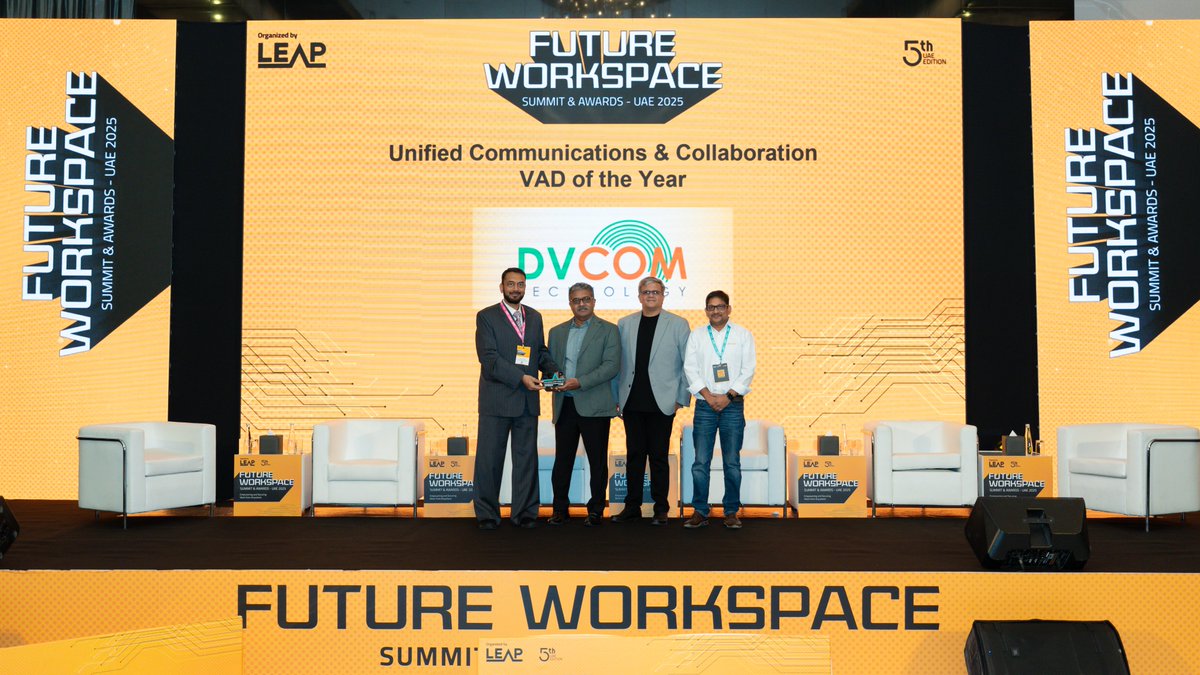 DvcomTechnology's tweet image. DVCOM takes the spotlight at the Leap Future Workspace Awards! 
@DvcomTechnology  won the "UC &amp;amp; Collaboration VAD of the Year award". @Yeastar was also awarded the "Enterprise Infrastructure Vendor of the Year". 
Driving the UC ecosystem forward across the UAE &amp;amp; GCC.
#DVCOM #UC