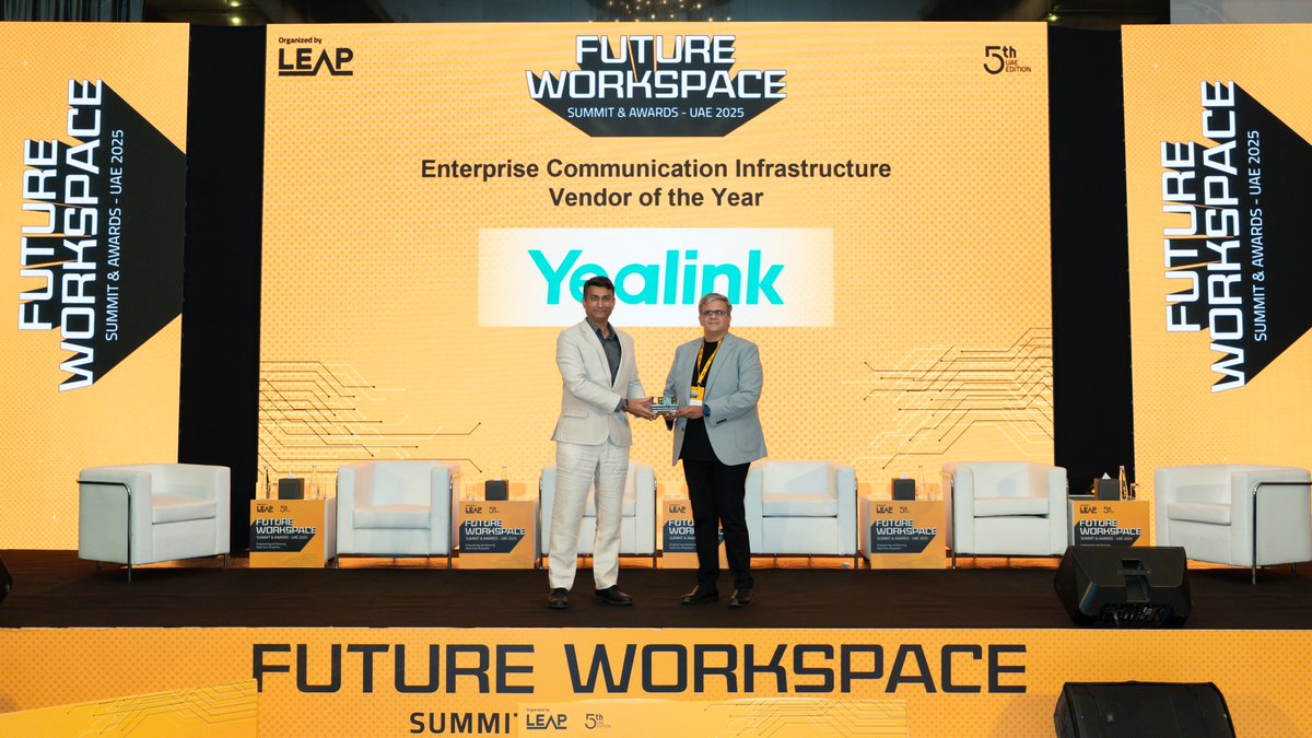 DvcomTechnology's tweet image. DVCOM takes the spotlight at the Leap Future Workspace Awards! 
@DvcomTechnology  won the "UC &amp;amp; Collaboration VAD of the Year award". @Yeastar was also awarded the "Enterprise Infrastructure Vendor of the Year". 
Driving the UC ecosystem forward across the UAE &amp;amp; GCC.
#DVCOM #UC