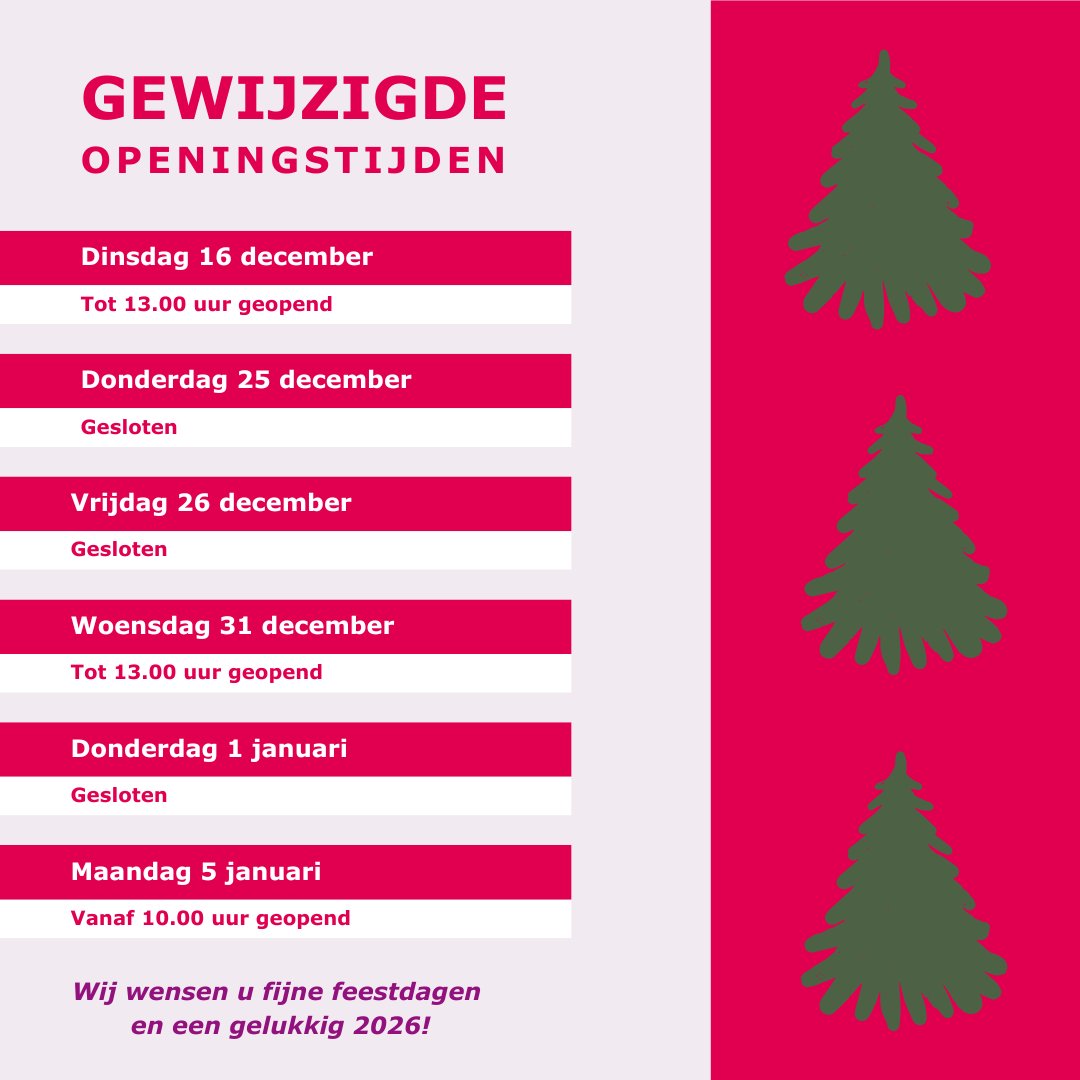 🕒 In december en januari hebben we andere openingstijden. Wil je weten wanneer je bij ons terecht kunt? Bekijk dan onze aangepaste tijden.

#GemeenteHeerenveen #Openingstijden #Feestdagen #AangepasteOpeningstijden