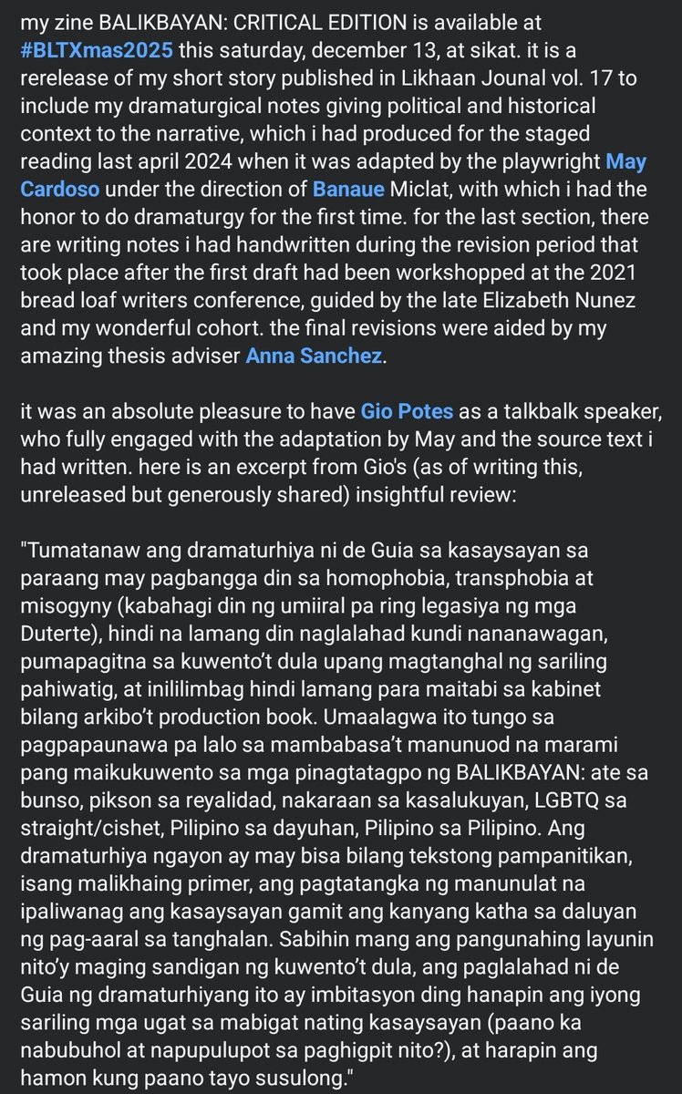 rayjideguia's tweet image. available ang BALIKBAYAN: CRITICAL EDITION sa #BLTXmas2025. maraming salamat may @giopotes sa napakagandang review ng dramaturgy ko sa play adaptation ni @AMDCardoso at direksyon ni banaue miclat at sa mismong source text na ako ang nagsulat.