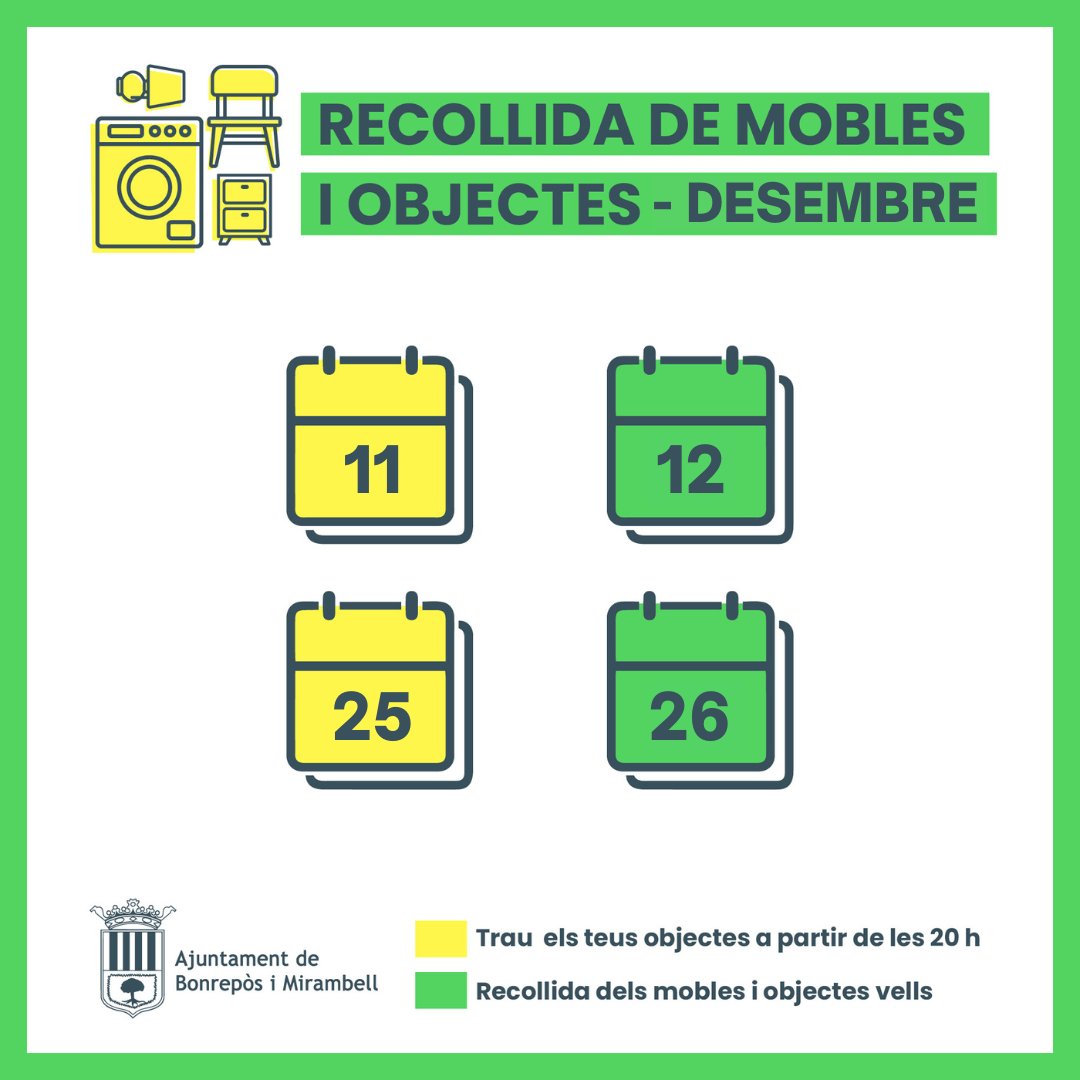 ⏰Hoy jueves, 11 de diciembre, a partir de las 20.00 horas, podéis sacar los trastos y muebles 🪑viejos.

♻ Cómo sabéis que el Ecoparque de Almàssera está abierto de lunes a viernes de 8 a 21h; y sábados y domingos de 9 de 14h. Festivos cercado.