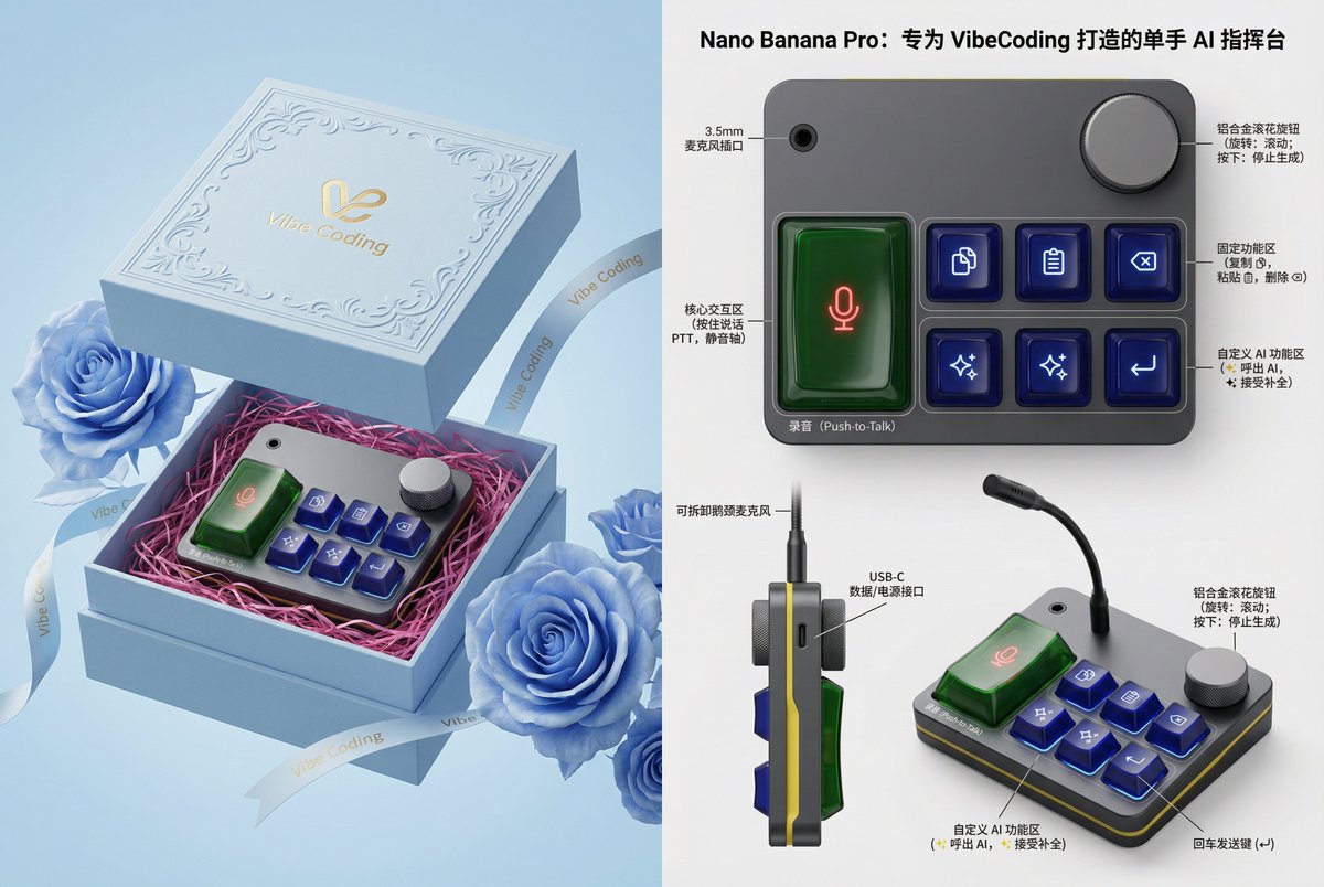 저는 Vibe Coding 키보드의 디자인을 개선했습니다.
버튼 클릭으로 인한 마이크 팝 노이즈를 방지하기 위해 3.5mm 마이크 잭이 추가되었습니다.
또한, 삭제 키와 두 개의 사용자 지정 버튼을 추가했으며