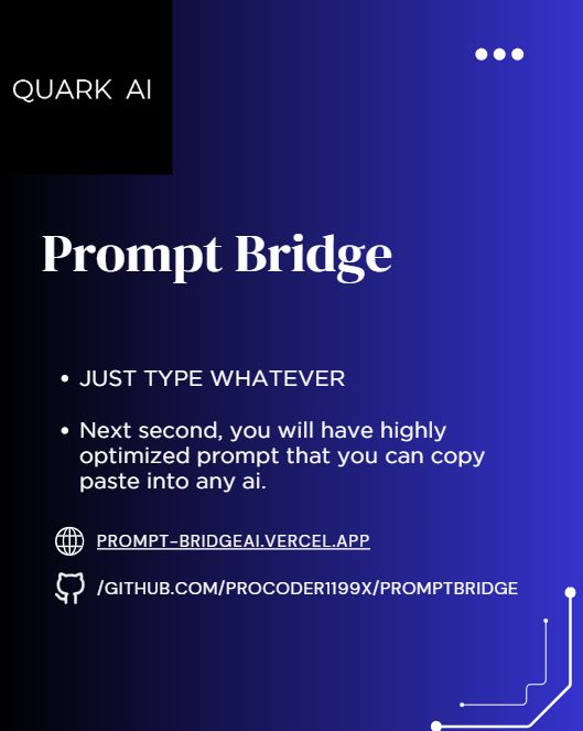 QuarkAI_HQ's tweet photo. Tired of ai missing your context, ignoring your commands ?
Prompt Bridge can solve those hurdles!
Now deployed on vercel!
https://t.co/6BYcmv9YfA https://t.co/ZlaGZwHoau