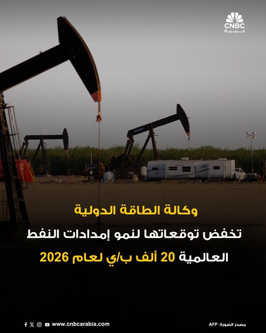 عاجل وكالة الطاقة الدولية تخفض توقعاتها لنمو إمدادات النفط العالمية بمقدار 100 ألف ب/ي لعام 2025 وبمقدار 20 ألف ب/ي لعام 2026. الوكالة ترفع توقعاتها لمتوسط نمو الطلب على النفط لعام 2026 إلى 860 ألف ب/ي مقابل 770 ألف ب/ي في توقعاتها السابقة 
