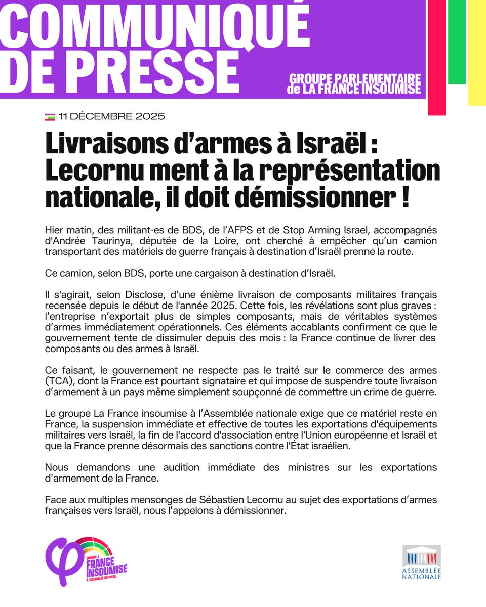 Sebastien Lecornu a donc menti à de nombreuses reprises lorsque le groupe <a href="/FiAssemblee/">La France Insoumise à l'Assemblée nationale</a> et moi-même lui avons demandé régulièrement, en Commission de la Défense nationale, si la France continuait d'exporter des armes et/ou des composants d'armes vers Israël. Ce qu'il a nié