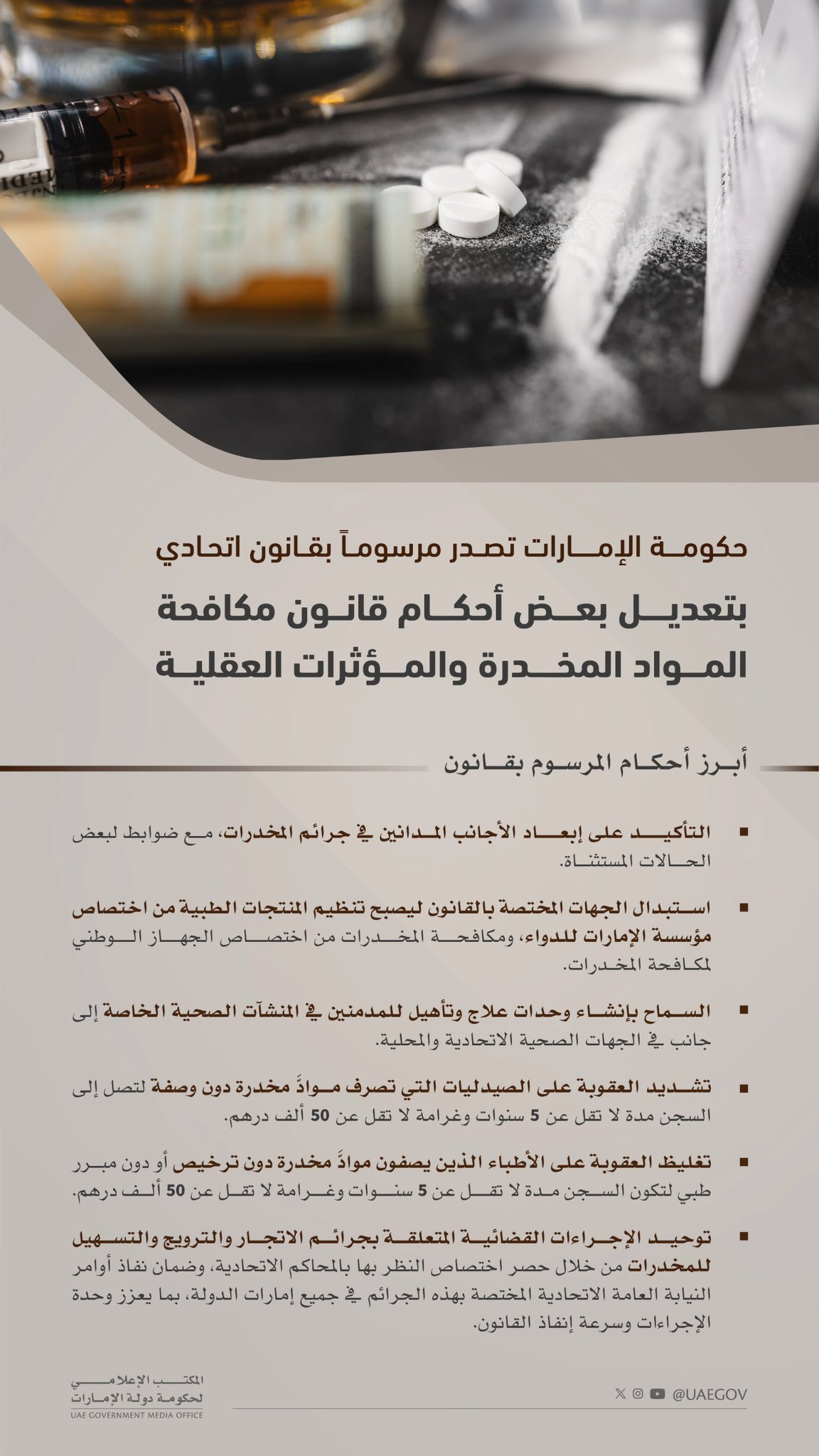 حكومة الإمارات تصدر مرسوماً بقانون اتحادي بتعديل بعض أحكام قانون مكافحة المواد المخدرة والمؤثرات العقلية #صحيفة_الخليج 