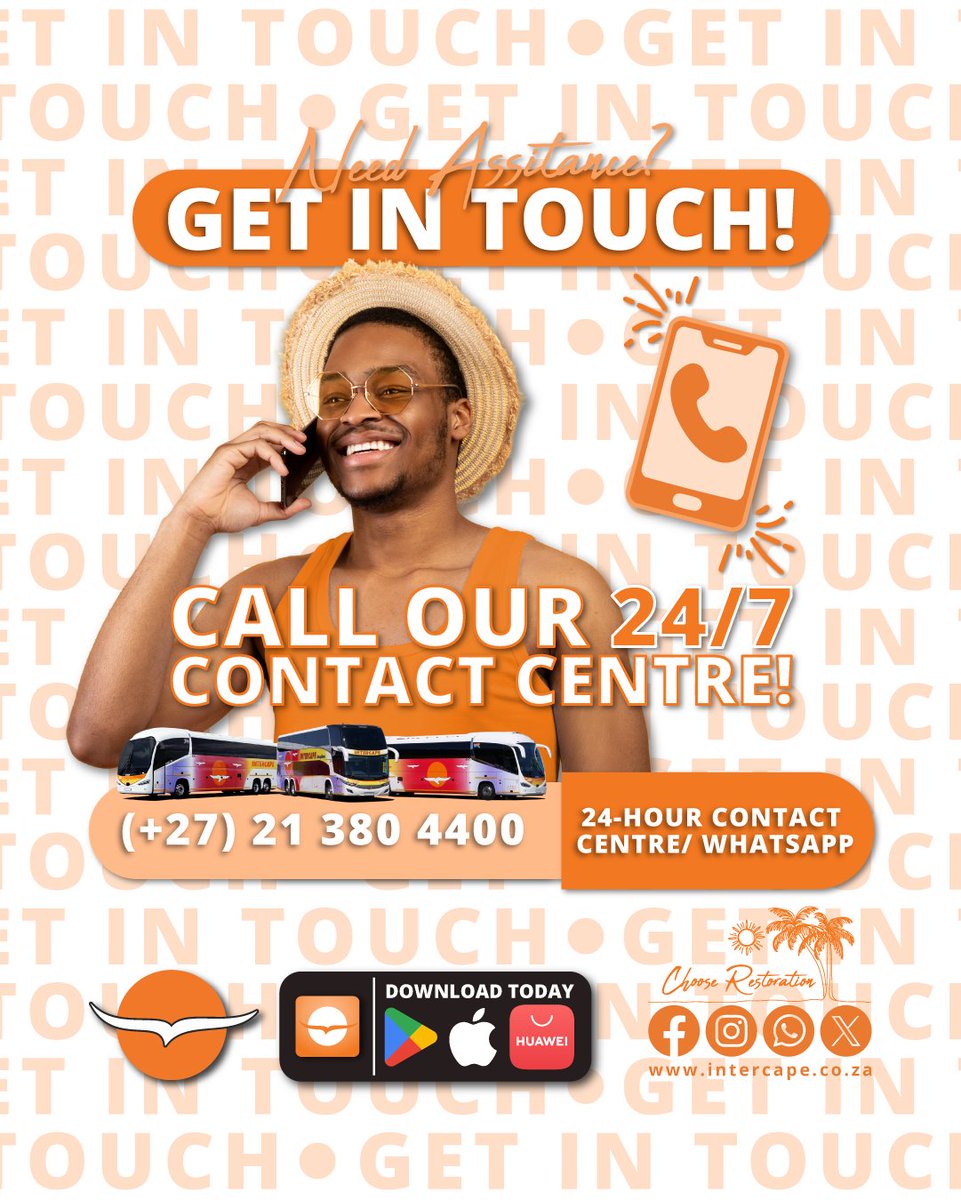 IntercapeBus's tweet image. Need Assistance? Get In Touch!

Contact our 24-Hour Contact Centre or WhatsApp line at (+27) 21 380 4400.

Download the Intercape App TODAY at intercape.co.za/intercape-app/

#Intercape #BookNow #ContactCentre #WhatsappIntercape