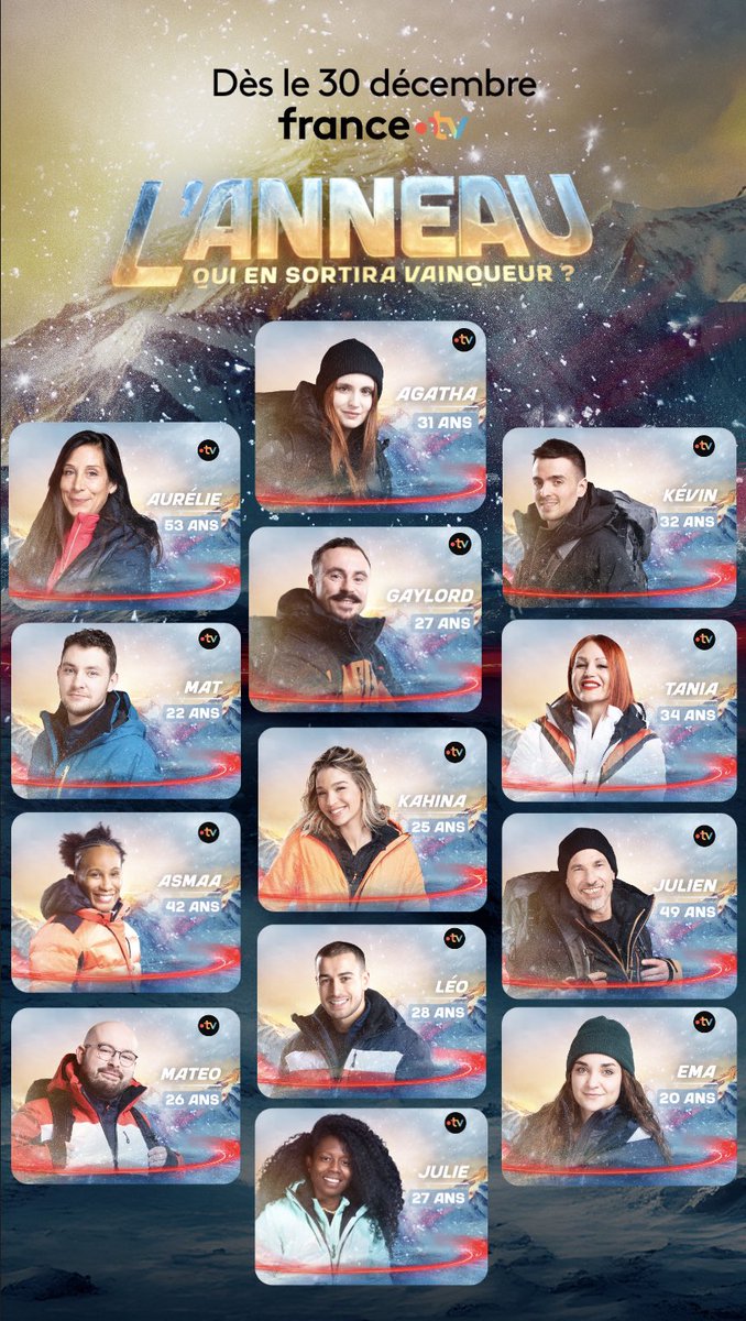 Voici les 13 candidat.e.s de l’Anneau ! 🏔️⭕️❄️

Choisis parmi 3000 inscrits, ils représentent la diversité française dont nous pouvons être fiers !

Qui sortira vainqueur du cercle de l’Anneau ? 🤔

Faites-vous une idée à partir du 30 décembre sur <a href="/FranceTV/">France tv</a> !

#LAnneau 
<a href="/2p2l/">2p2l</a>