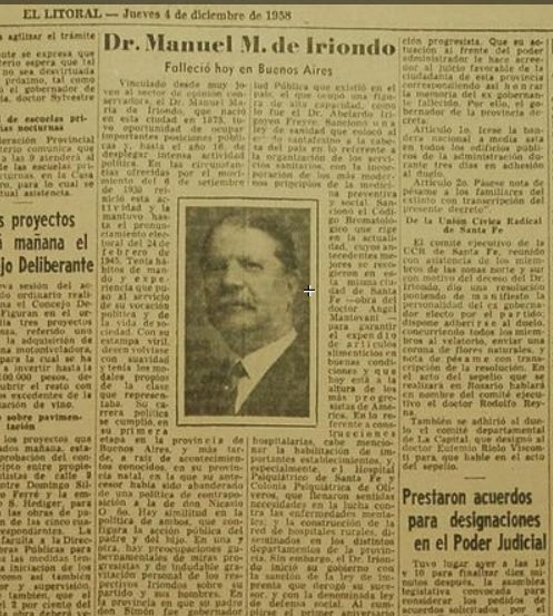 Theodiscus2's tweet photo. El 22 de abril de 1958 el gobierno nacional de Arturo Frondizi le entregó una pensión vitalicia de 3.000 pesos al exgobernador santafesino y ministro nacional Manuel de Iriondo debido a que tanto él como su esposa, se encontraban en situación de pobreza. Iriondo fallecería el 4 de diciembre de ese año, poco antes de cumplir los 85 años de edad. 

"Manucho" nació en Santa Fe el 26 de diciembre de 1873 siendo hijo de Simón de Iriondo, dos veces gobernador sanfesino y ministro de la presidencia de Nicolás Avellaneda, y Tomasa Zavalla. Comenzó su carrera política en 1898 como secretario de Bernardo de Irigoyen en su época como gobernador de Buenos Aires, fue diputado nacional en dos periodos (1900-1904 y 1904-1907), ministro de Hacienda entre 1907 y 1910 en la presidencia de José Figueroa Alcorta, Presidente del Banco Nación entre 1910 y 1918, ministro de Justicia e Instrucción Pública entre 1932 y 1937 en la presidencia de Agustín P. Justo y gobernador de la provincia de Santa Fe entre 1937 y 1941. 

En 1909 su nombre fue rumoreado como uno de los candidatos a ser el vicepresidente de Roque Sáenz Peña, siendo dicha nominación para Victorino de la Plaza en su lugar. En abril de 1943 fue elegido por la Concordancia para acompañar como vicepresidente la candidatura presidencial de Robustiano Patrón Costas.