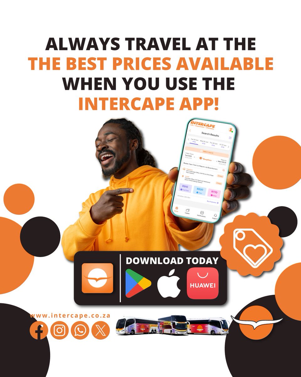 IntercapeBus's tweet image. Always travel at the best prices available when you use the Intercape app!

Download the Intercape App TODAY at intercape.co.za/intercape-app/ or from your preferred App Store.

#Intercape #IntercapeApp #DownloadToday #BookNow #BestPrices