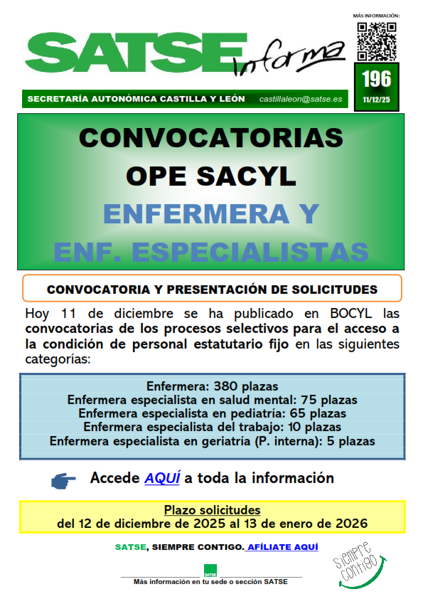 SATSE_CyL's tweet photo. 🚨ATENCIÓN ENFERMERAS🚨
📖 El Bocyl publica hoy 5️⃣resoluciones diferentes de convocatorias de OPE para Enfermería y enfermeras especialistas.
👩‍⚕️ En total suman 535 plazas. 
📋 Solicitudes del 12 de diciembre de 2025 al 13 de enero de 2026.
ℹ Más info 👉 https://t.co/NTKzpNrB6C https://t.co/zQ7PGQ3PqB