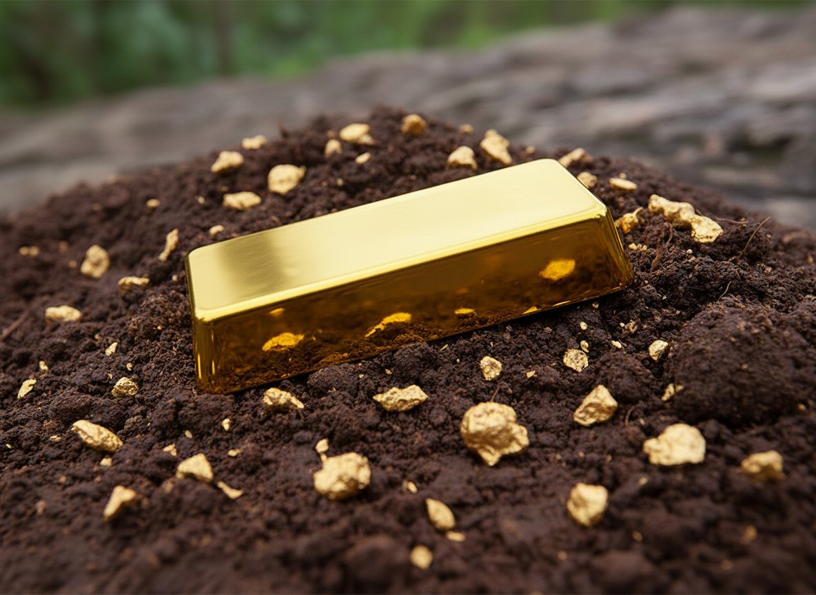 Refined gold bar rising from raw DRC soil with nuggets