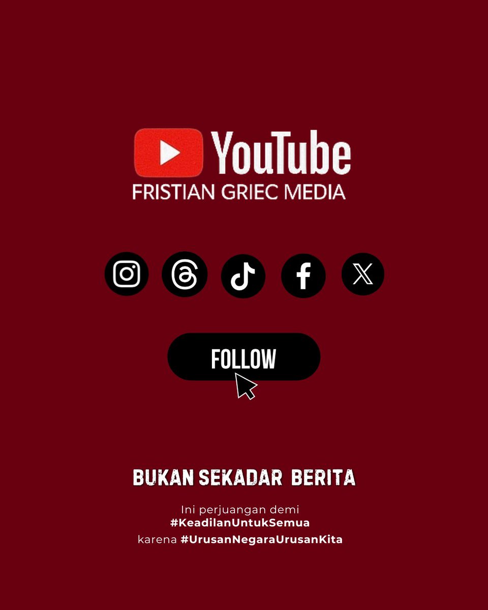 officialfgmedia's tweet photo. Polisi menetapkan Direktur Utama Terra Drone Michael Wishnu Wardana sebagai tersangka dalam insiden kebakaran di Gedung Terra Drone yang menewaskan 22 orang.

Michael dijerat dengan pasal berlampis dalam Kita Undang-Undang Hukum Pidana (KUHP, yakni pasal 187,188, 359, dengan ancaman hukuman maksimal mencapai 20 tahun penjara.

Beda penanganan dengan Kasus Al-Khoziny?

Diketahui, sudah hampir 3 bulan Polisi belum menetapkan tersangka dalam kasus ambruknya Ponpes Al-Khoziny yang menewaskan 67 santri.

Gimana menurut kalian?

#Polisi #TerraDrone #AlKhoziny #FGMedia #FGNewsUpdate