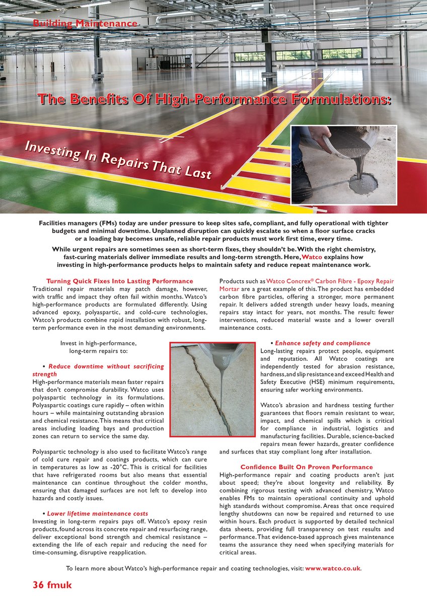 FMUKmagazine1's tweet image. Latest Issue 📰: While urgent #repairs are sometimes seen as short‑term fixes, they shouldn’t be. Watco explains how investing in #HighPerformance products maintains #safety and reduces repeat #maintenance work.

➡️fmuk-online.co.uk/the-benefits-o…
#facman #FacilitiesManagement #flooring