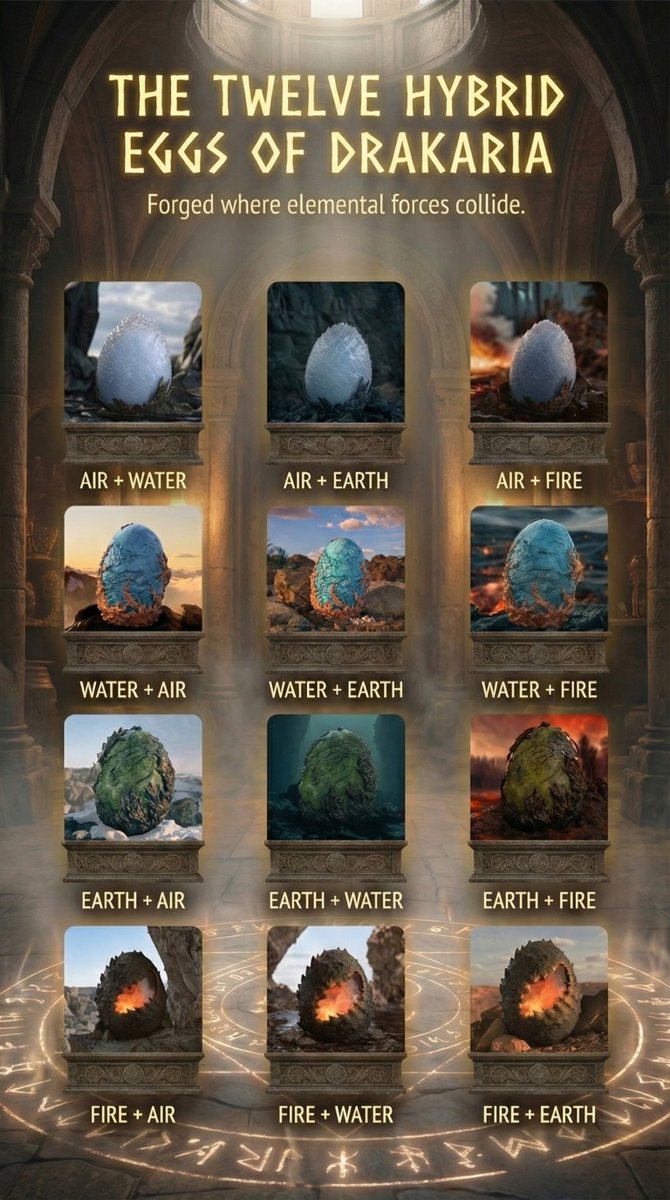 Shodder86's tweet photo. 🔥 THE 12 HYBRID DRAGON EGGS OF DRAKARIA 🔥

Each egg is a fusion of two elemental forces
Fire, Water, Earth, Air.
colliding to create entirely new dragon species.🐉

These aren’t variations…
They’re different lineages, different habitats, different tempers, different destinies.

Collectors already have their favourites.
Lore hunters are trying to decode the runes.
And only those with a Gateway Key will ever see what hatches from these shells.

So tell me…
If you had to choose ONE hybrid egg to bond with…
Which would it be? 🐉✨

@drakariaworld @dragonchain @GameOfThrones @RockstarGames @HouseofDragon @ParamountPics @netflix @HBO