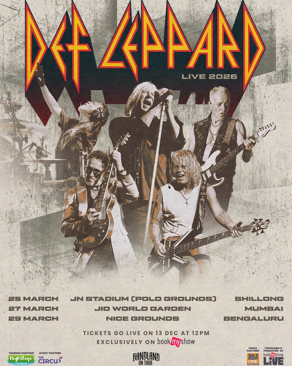 DefLeppardRB's tweet image. Now Confirmed 3 New #DefLeppard 2026 Tour Dates in #India 
25 March - JN Stadium (Polo Grounds) - #Shillong
27 March - Jio World Garden - #Mumbai
29 March - Nice Grounds - #Bengaluru 
More at RockBrigadeForum.com