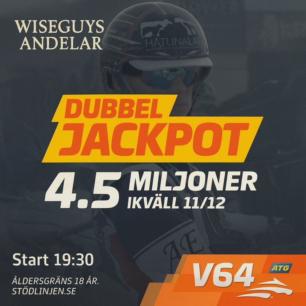 DUBBELJACKPOT på kvällens V64, mina andelar från 25 kr finns här:

atg.se/succeandelar/s…

Tre system med full pott på gårdagens V86 och Dubbel- Jackpot igen både ikväll och på lördag