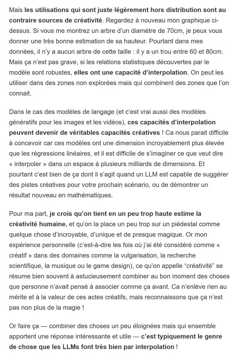 Plus sérieusement, la lettre est un bijou de vulgarisation. L'analogie avec la régression linéaire est très efficace, et permet de bien appréhender la notion d'extrapolation, d'interpolation et de "créativité" (oui oui) des LLM.
Il faut s'abonner à cette newsletter 👌