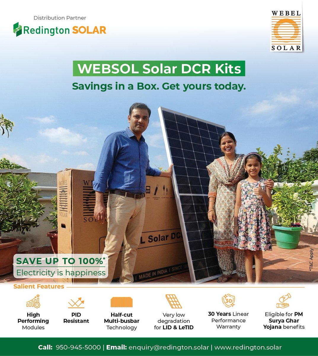Redington_solar's tweet image. Websol DCR Kits for retailers now in ready stock at Redington Solar.
Made in India, subsidy-ready and built for consistent performance.
Fast delivery across India.
#WebsolSolar #RedingtonSolar #SubsidyReady