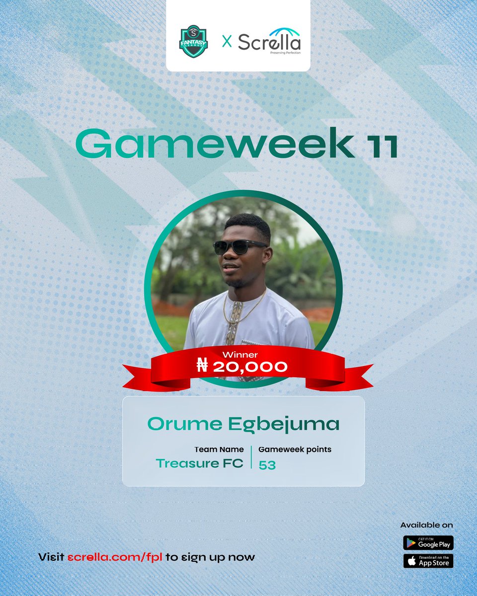 getscrella's tweet photo. Win ₦20,000 Every Week + ₦100,000 &amp; a brand new smartphone at Season’s End!

Join this season’s Scrella Fantasy Premier League (FPL) for your chance to win: ₦20,000 Every Week + ₦100,000 &amp; a brand new smartphone at Season’s End!

#FPLCommunity #scrella #FantasyPremierLeague https://t.co/K5teyzl2PU
