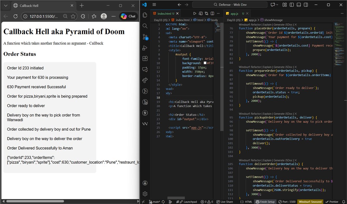 gauravp012's tweet image. Day 33: Understood Callback Hell in JS 🔗

✅ What is callback hell &amp;amp; why it exists
✅ Async operations &amp;amp; nested callbacks
✅ Real food delivery example
✅ 8 major problems it causes
Game-changer for async code! 
Thanks @rohit_negi9 bhaiya 🙌
#WebDevJourney #JavaScript #CoderArmy