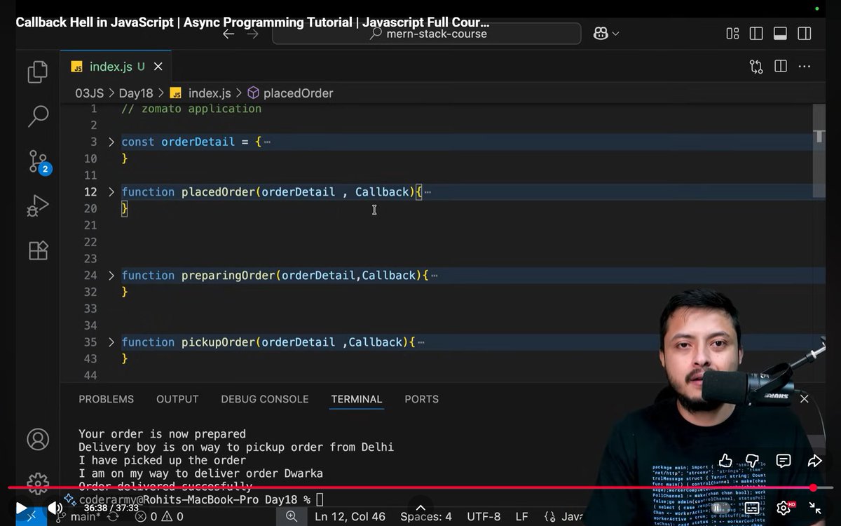 gauravp012's tweet image. Day 33: Understood Callback Hell in JS 🔗

✅ What is callback hell &amp;amp; why it exists
✅ Async operations &amp;amp; nested callbacks
✅ Real food delivery example
✅ 8 major problems it causes
Game-changer for async code! 
Thanks @rohit_negi9 bhaiya 🙌
#WebDevJourney #JavaScript #CoderArmy